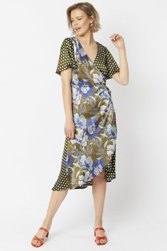 JAYLEY Khaki Silk Blend Mixed Print Wrap Dress