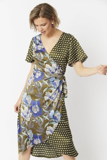 JAYLEY Khaki Silk Blend Mixed Print Wrap Dress