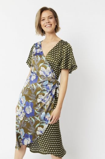 JAYLEY Khaki Silk Blend Mixed Print Wrap Dress