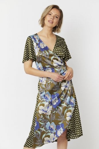 JAYLEY Khaki Silk Blend Mixed Print Wrap Dress