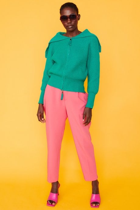 JAYLEY Knitted Banana Peel Zip Cardigan In Green