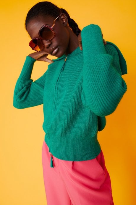 JAYLEY Knitted Banana Peel Zip Cardigan in Green