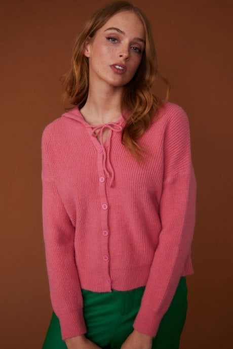 JAYLEY Knitted Banana Peel Zip Cardigan In Pink