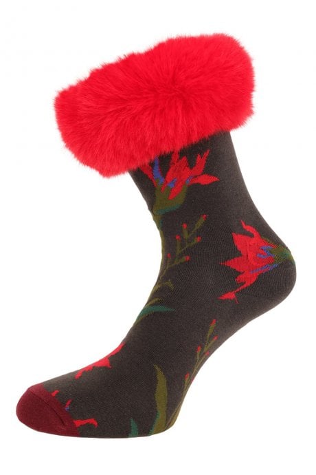JAYLEY Leaf Print Silk Blend Socks with Faux Fur Cuffs