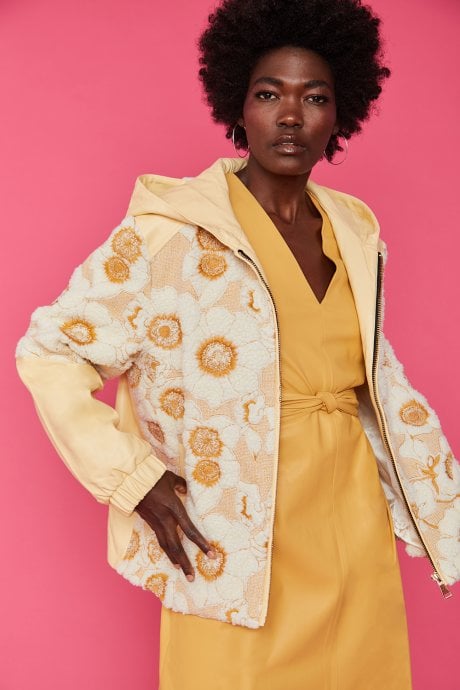 JAYLEY Leather And Embroidered Floral Yellow Jacket