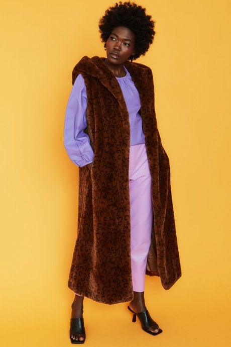 JAYLEY Leopard Print Faux Fur Hooded Maxi Gilet | Waistcoat