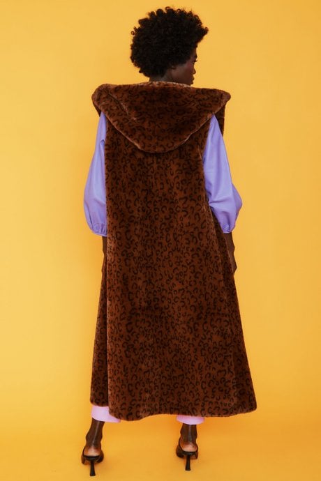 JAYLEY Leopard Print Faux Fur Hooded Maxi Gilet | Waistcoat