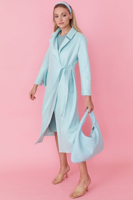 JAYLEY Light Blue Eco Leather Trench Coat