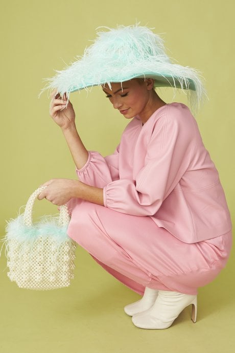 JAYLEY Light Blue Handmade Pearl Tote Bag With Feather Trim