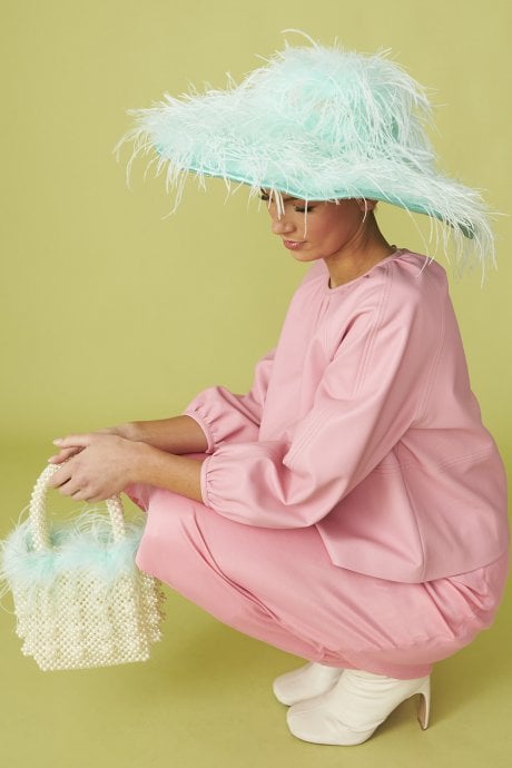 JAYLEY Light Blue Handmade Pearl Tote Bag With Feather Trim