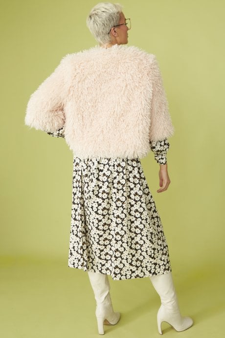 JAYLEY Light Pink Afghan Mongolian Fur Knitted Jacket