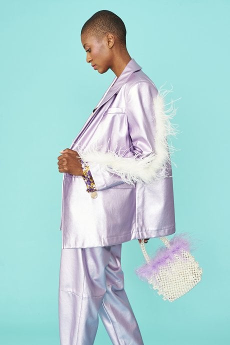 JAYLEY Lilac Faux Leather Blazer With Feather Details