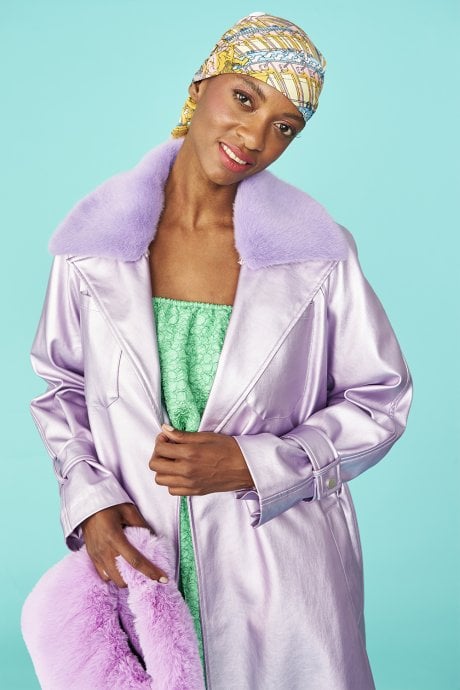 JAYLEY Lilac Faux Suede Metallic Maxi Trench Coat