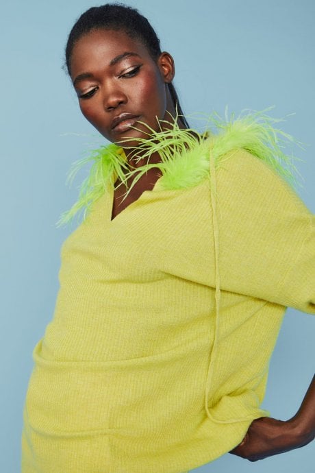 JAYLEY Lime Green Cashmere Blend Hooded Jumper With Feathered Hood