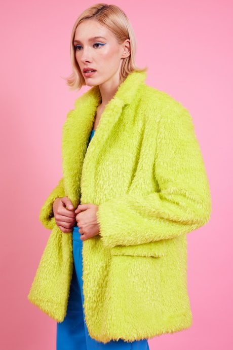 JAYLEY Lime Green Faux Fur Shearling Midi Pea Coat