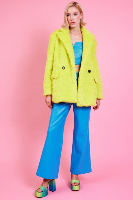 JAYLEY Lime Green Faux Fur Shearling Midi Pea Coat