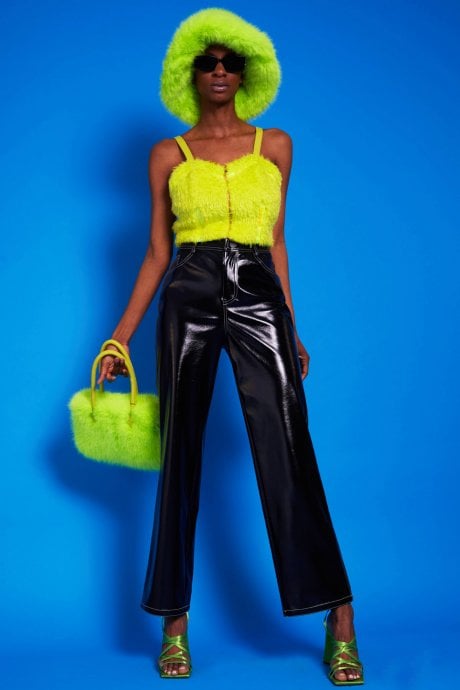 JAYLEY Lime Green Faux Fur Zip Crop Top