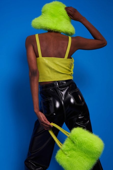 JAYLEY Lime Green Faux Fur Zip Crop Top