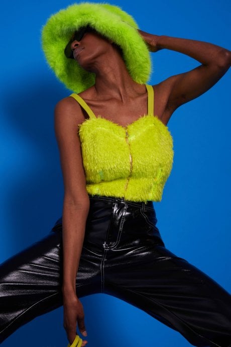 JAYLEY Lime Green Faux Fur Zip Crop Top