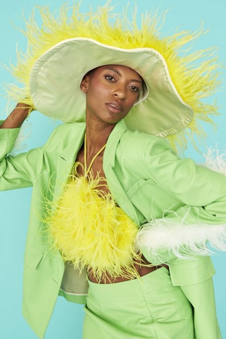 JAYLEY Lime Green Faux Leather Blazer With Feather Details