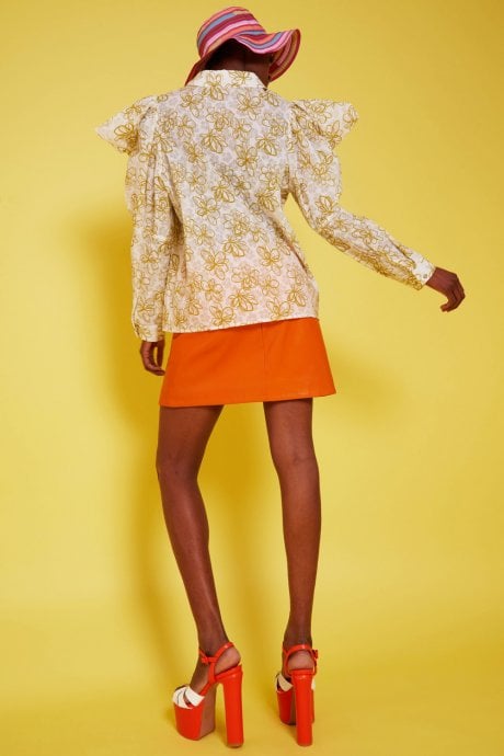 JAYLEY Linen Blend Puffed Sleeve Blouse