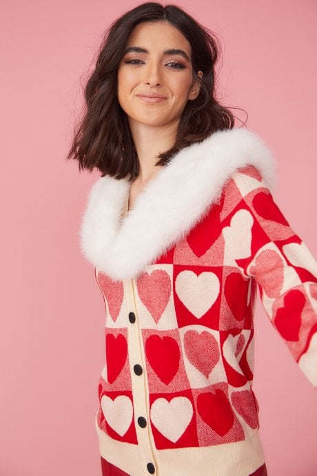 JAYLEY Love Heart Cashmere And Banana Peel Cardigan With Fur Collar