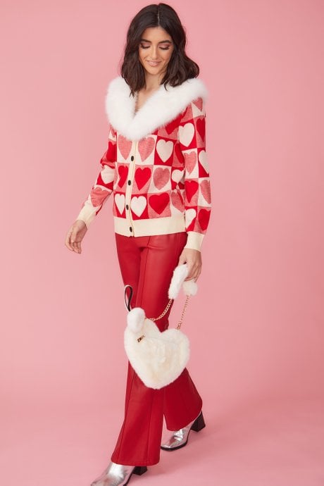 JAYLEY Love Heart Cashmere and Banana Peel Cardigan with Fur Collar