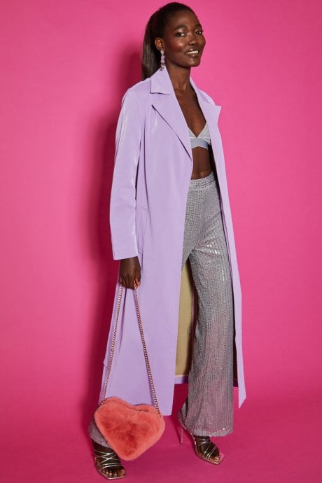 JAYLEY Lyra Faux Leather Maxi Trench Coat In Lilac