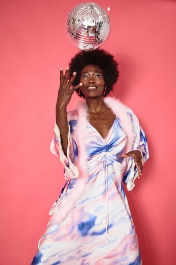 JAYLEY Malia Tie Dye Cape In Pink With Feather Trim