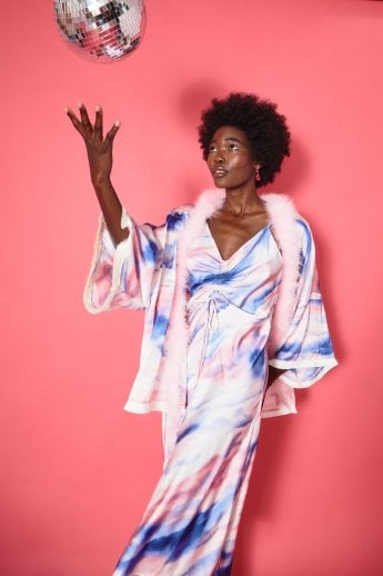 JAYLEY Malia Tie Dye Cape in Pink with Feather Trim