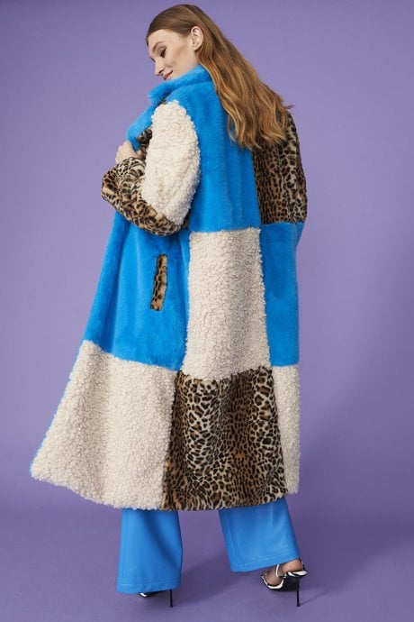 JAYLEY Maxi Checkered Leopard Print And Shearling Faux Fur Coat