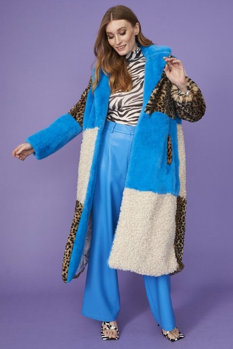 JAYLEY Maxi Checkered Leopard Print And Shearling Faux Fur Coat