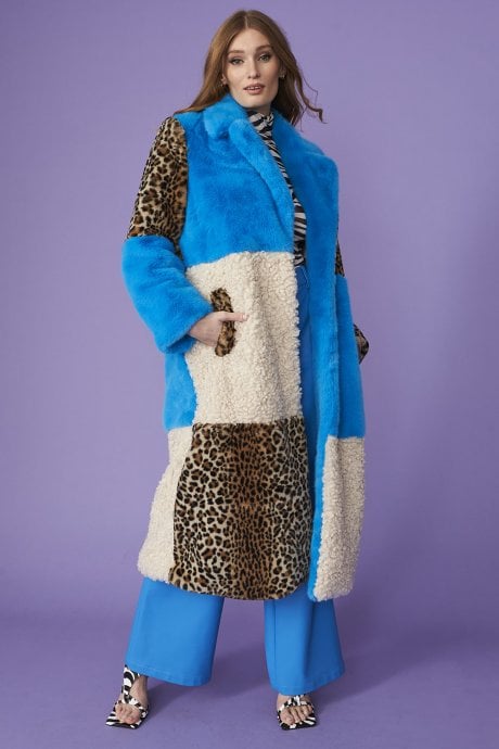 JAYLEY Maxi Checkered Leopard Print And Shearling Faux Fur Coat