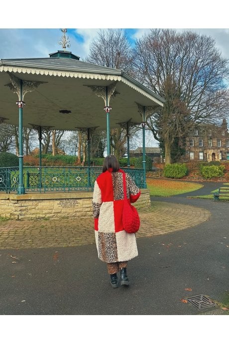 JAYLEY Maxi Checkered Leopard Print And Shearling Faux Fur Coat