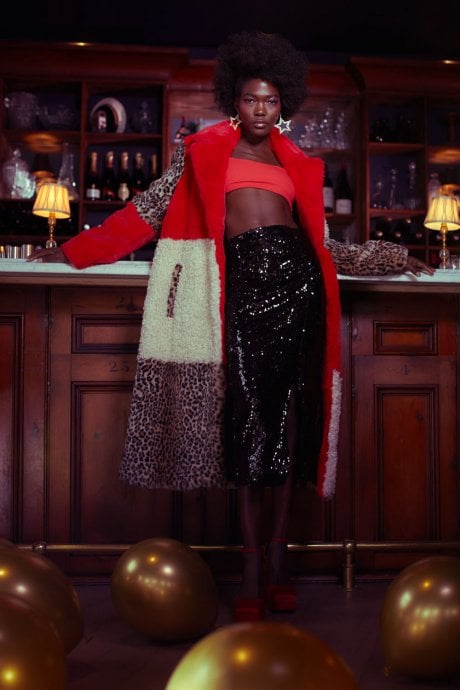 JAYLEY Maxi Checkered Leopard Print And Shearling Faux Fur Coat