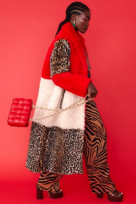 JAYLEY Maxi Checkered Leopard Print And Shearling Faux Fur Coat