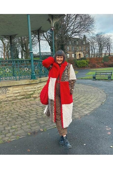 JAYLEY Maxi Checkered Leopard Print and Shearling Faux Fur Coat