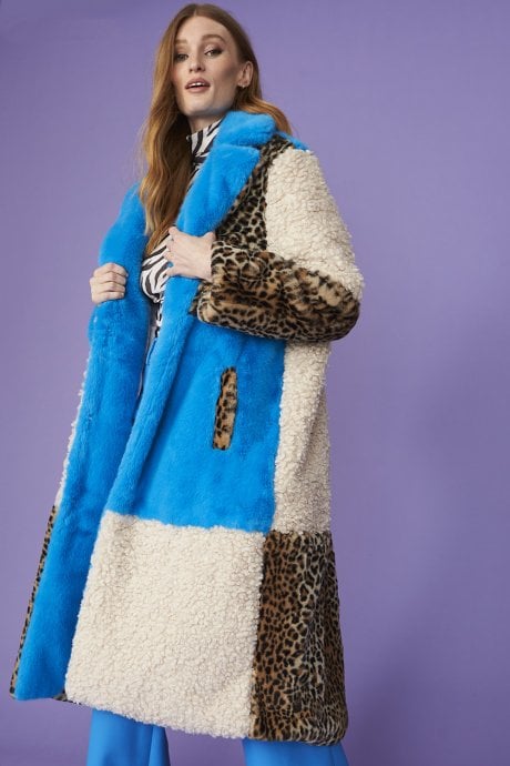 JAYLEY Maxi Checkered Leopard Print and Shearling Faux Fur Coat