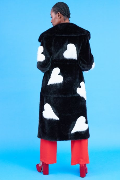 JAYLEY Maxi Eco Bamboo Faux Fur Coat With Love Heart Detailing