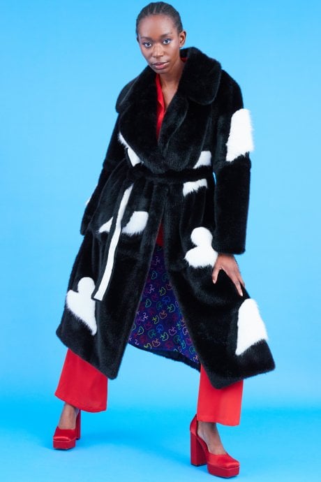 JAYLEY Maxi Eco Bamboo Faux Fur Coat With Love Heart Detailing