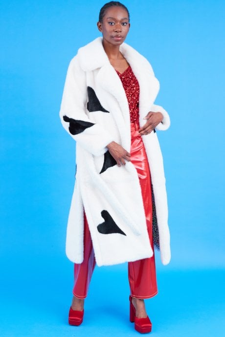 JAYLEY Maxi Eco Bamboo Faux Fur Coat With Love Heart Detailing