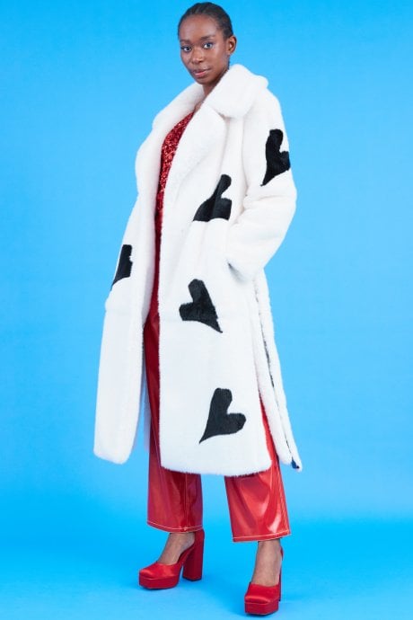 JAYLEY Maxi Eco Bamboo Faux Fur Coat With Love Heart Detailing