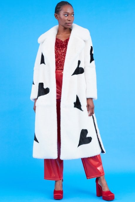JAYLEY Maxi Eco Bamboo Faux Fur Coat with Love Heart Detailing