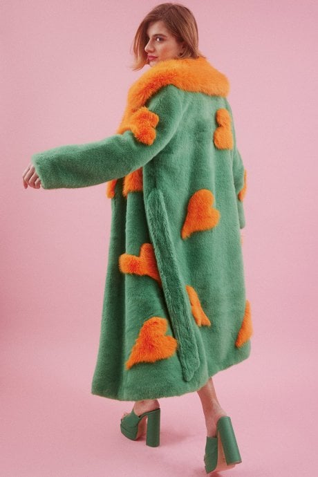 JAYLEY Maxi Eco Bamboo Faux Fur Coat With Love Heart Detailing