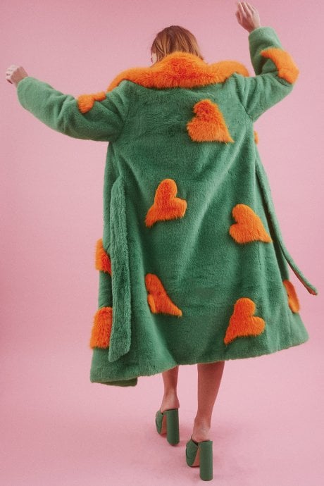 JAYLEY Maxi Eco Bamboo Faux Fur Coat With Love Heart Detailing