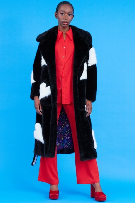 JAYLEY Maxi Eco Bamboo Faux Fur Coat with Love Heart Detailing