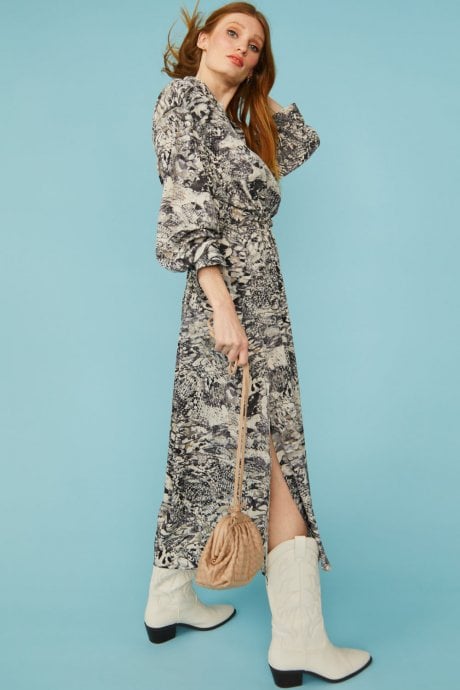 JAYLEY Maxi Grey Silk Blend Snake Print Dress