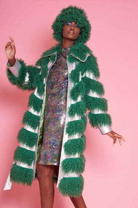 JAYLEY Metallic And Green Shearling Handmade Coat