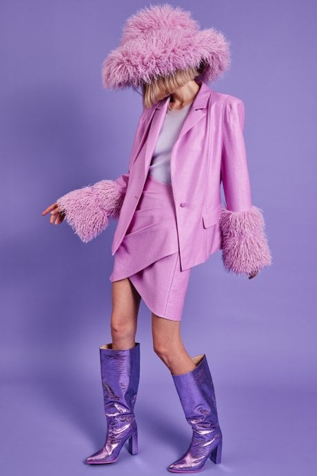 JAYLEY Metallic Pink Mongolian Fur Trim Jacket