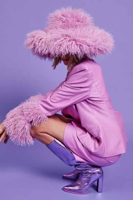 JAYLEY Metallic Pink Mongolian Fur Trim Jacket
